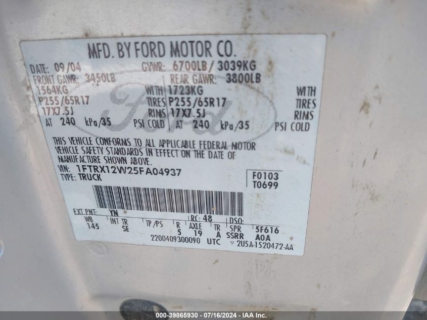 2005 Ford F-150 Stx/Xl/Xlt VIN: 1FTRX12W25FA04937 Lot: 39865930