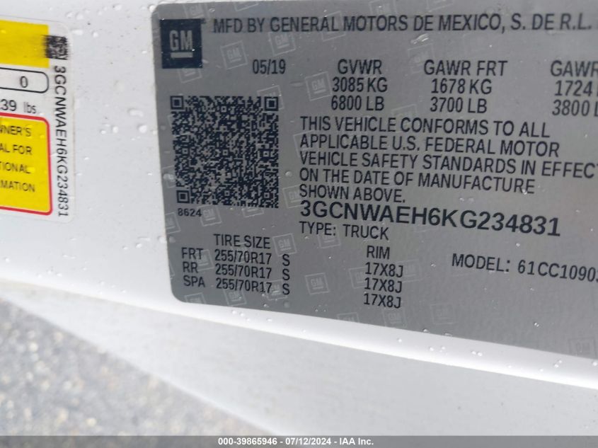 3GCNWAEH6KG234831 | 2019 CHEVROLET SILVERADO 1500