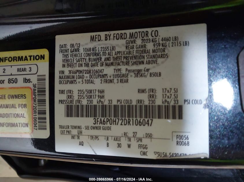 2013 Ford Fusion Se VIN: 3FA6P0H72DR106047 Lot: 39865966