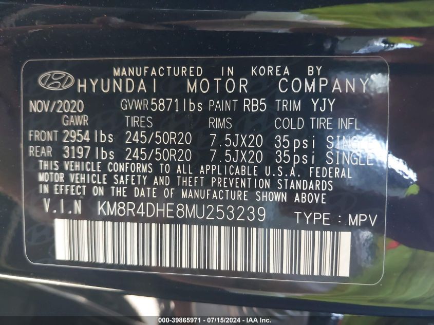 2021 Hyundai Palisade Sel VIN: KM8R4DHE8MU253239 Lot: 39865971