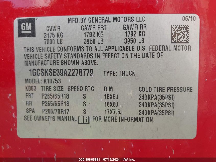 2010 Chevrolet Silverado 1500 Lt VIN: 1GCSKSE39AZ278779 Lot: 39865991