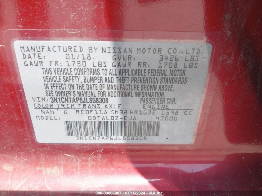 2018 Nissan Versa 1.6 Sv VIN: 3N1CN7AP6JL858308 Lot: 39866007