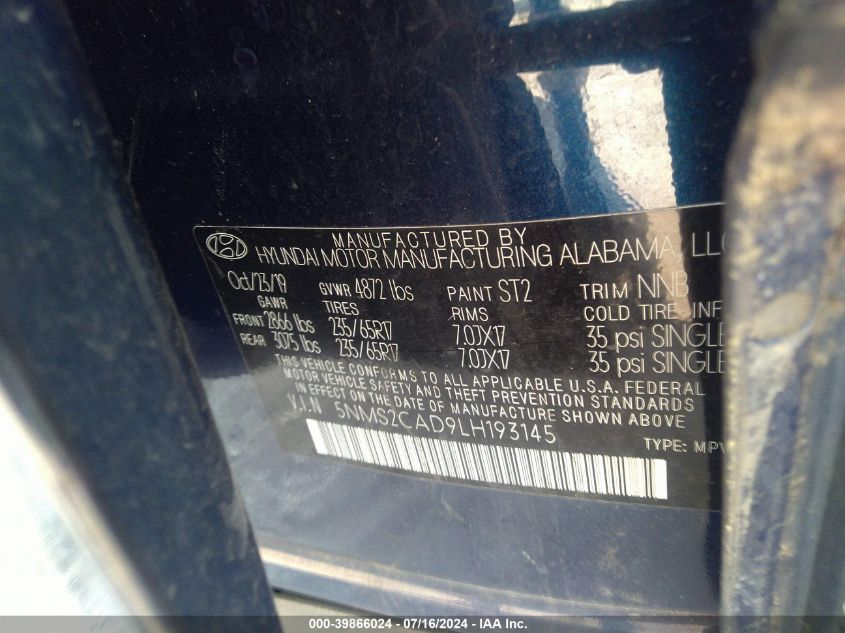 2020 Hyundai Santa Fe Se VIN: 5NMS2CAD9LH193145 Lot: 39866024