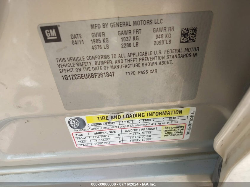 2011 Chevrolet Malibu 1Lt VIN: 1G1ZC5EU8BF361847 Lot: 39866038