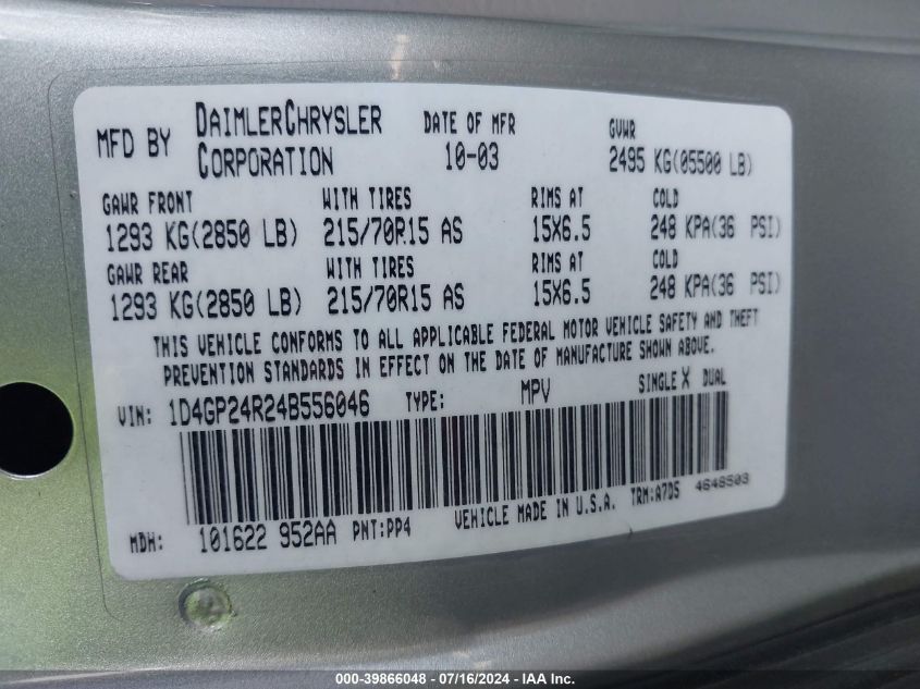 2004 Dodge Grand Caravan Se VIN: 1D4GP24R24B556046 Lot: 39866048