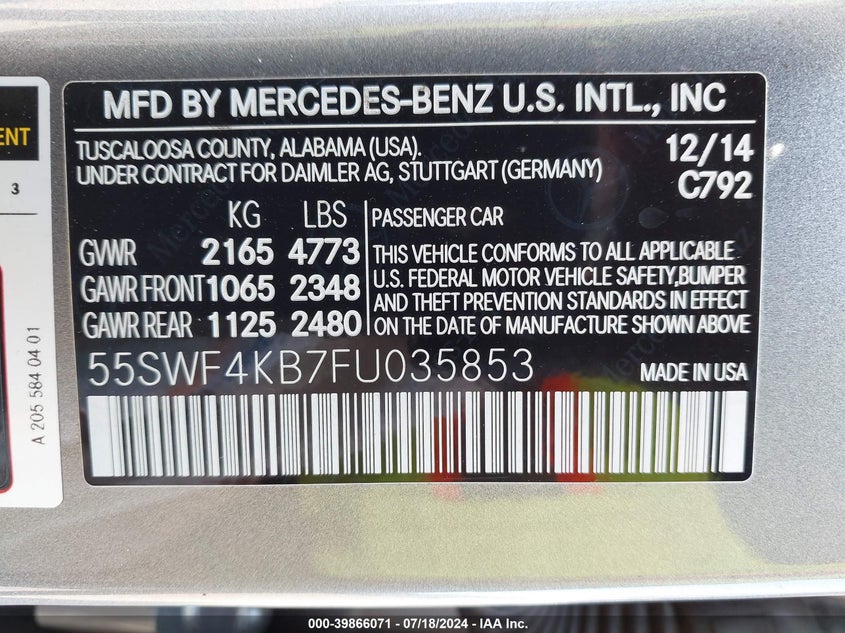 2015 Mercedes-Benz C 300 4Matic VIN: 55SWF4KB7FU035853 Lot: 39866071