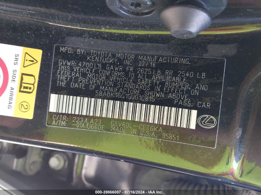 2016 Lexus Es 350 VIN: 58ABK1GG1GU010815 Lot: 39866087