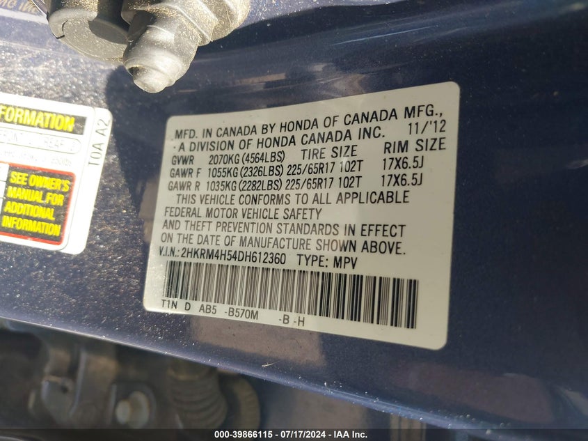 2013 Honda Cr-V Ex VIN: 2HKRM4H54DH612360 Lot: 39866115