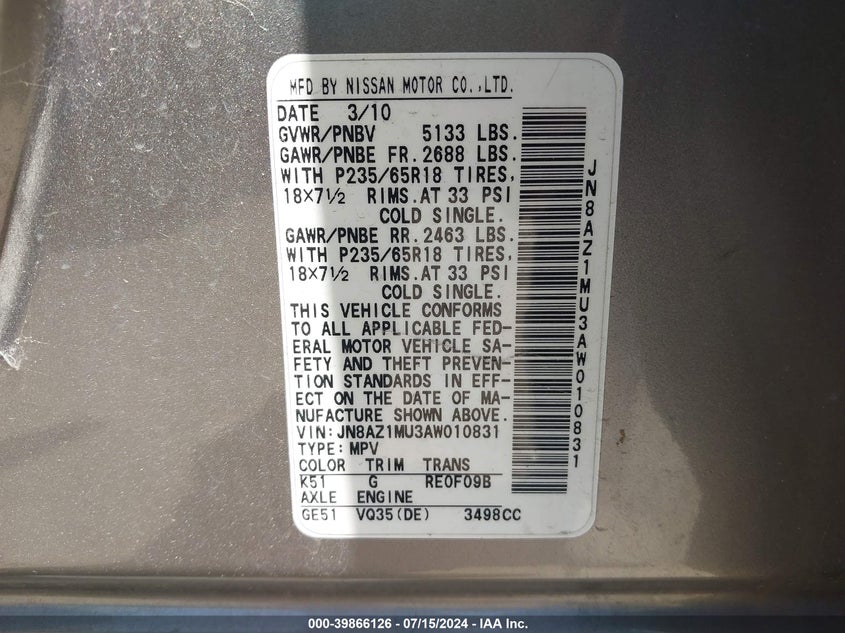 2010 Nissan Murano S VIN: JN8AZ1MU3AW010831 Lot: 39866126