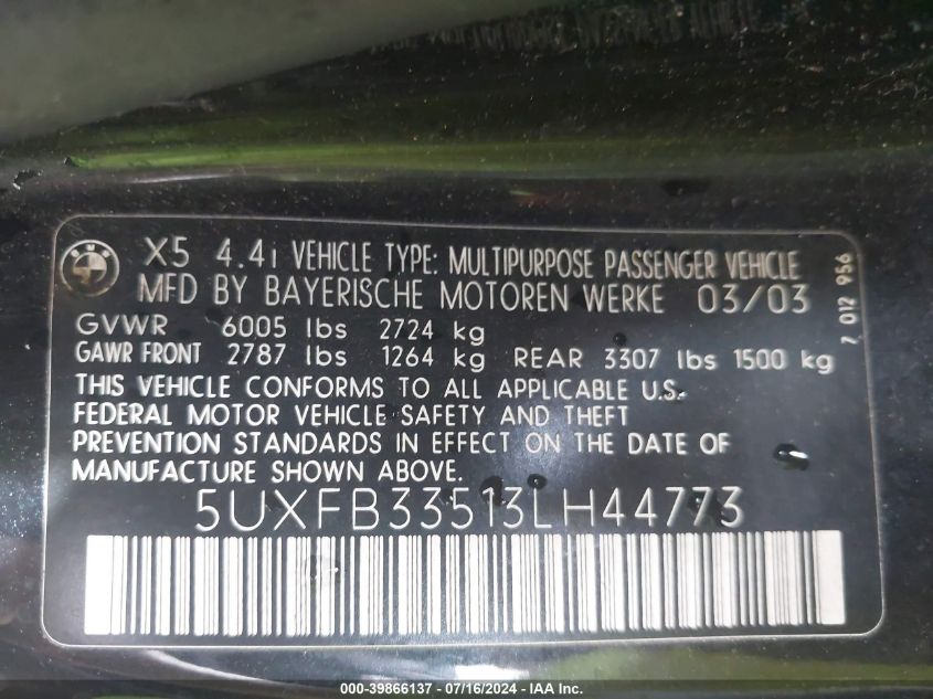 2003 BMW X5 4.4I VIN: 5UXFB33513LH44773 Lot: 39866137