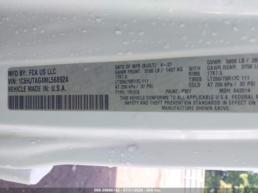 2021 Jeep Gladiator Sport VIN: 1C6HJTAG4ML568924 Lot: 39866142