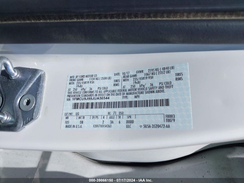 2018 Ford Escape Titanium VIN: 1FMCU9J99JUA56544 Lot: 39866150