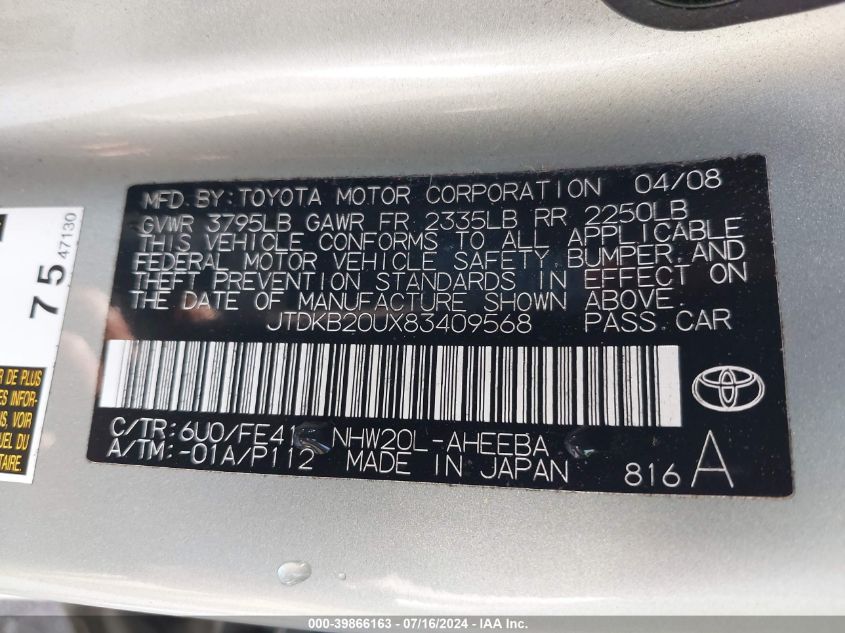 2008 Toyota Prius VIN: JTDKB20UX83409568 Lot: 39866163