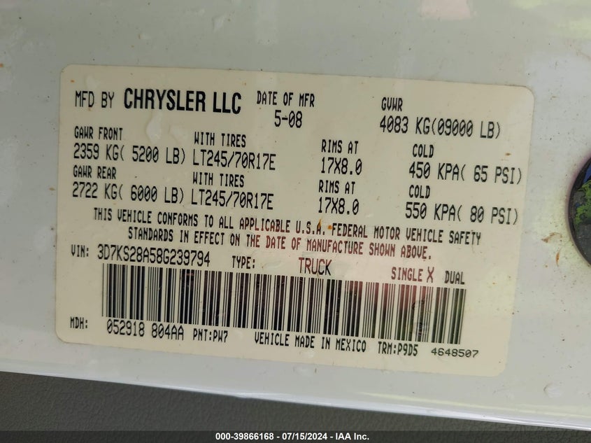 2008 Dodge Ram 2500 St/Sxt VIN: 3D7KS28A58G239794 Lot: 39866168