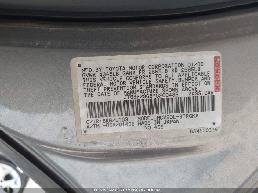 2000 Lexus Es 300 VIN: JT8BF28G8Y0260483 Lot: 39866185