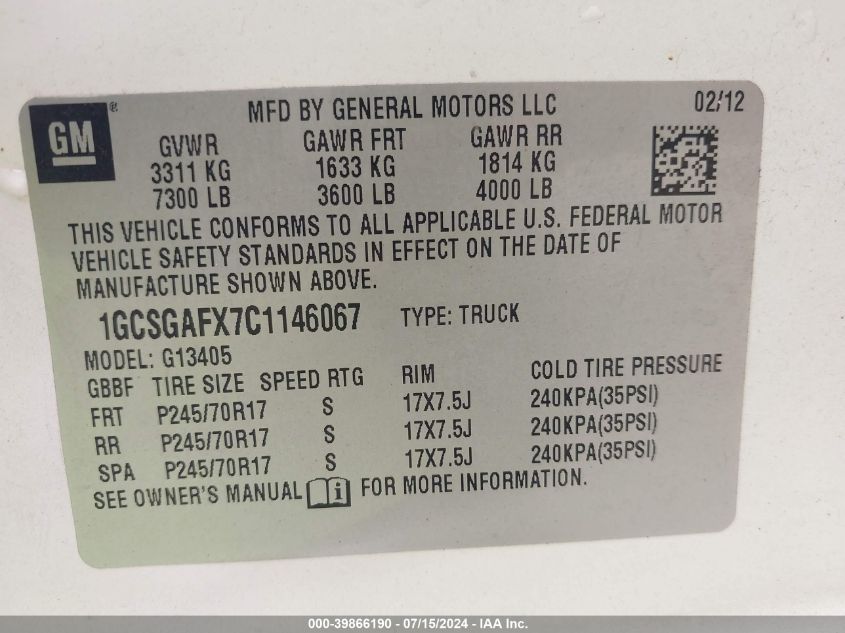 2012 Chevrolet Express 1500 Work Van VIN: 1GCSGAFX7C1146067 Lot: 39866190