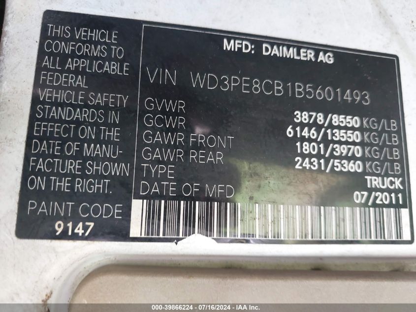 2011 Mercedes-Benz Sprinter 2500 High Roof VIN: WD3PE8CB1B5601493 Lot: 39866224