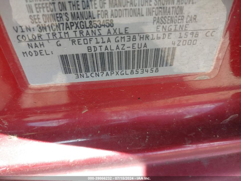 2016 Nissan Versa 1.6 S+ VIN: 3N1CN7APXGL853458 Lot: 39866232