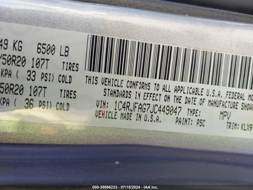 VIN 1C4RJFAG7JC449047 2018 JEEP GRAND CHEROKEE ALTITUDE 4X4