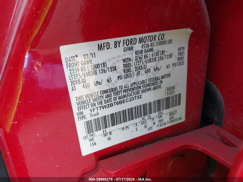 2011 Ford F-250 Lariat VIN: 1FT7W2BT6BEC23732 Lot: 39866278