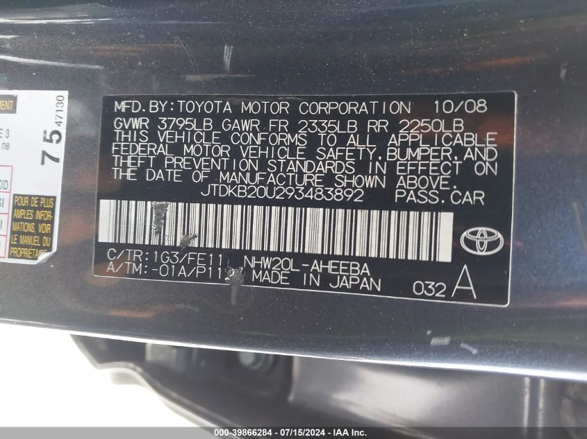 2009 Toyota Prius VIN: JTDKB20U293483892 Lot: 39866284