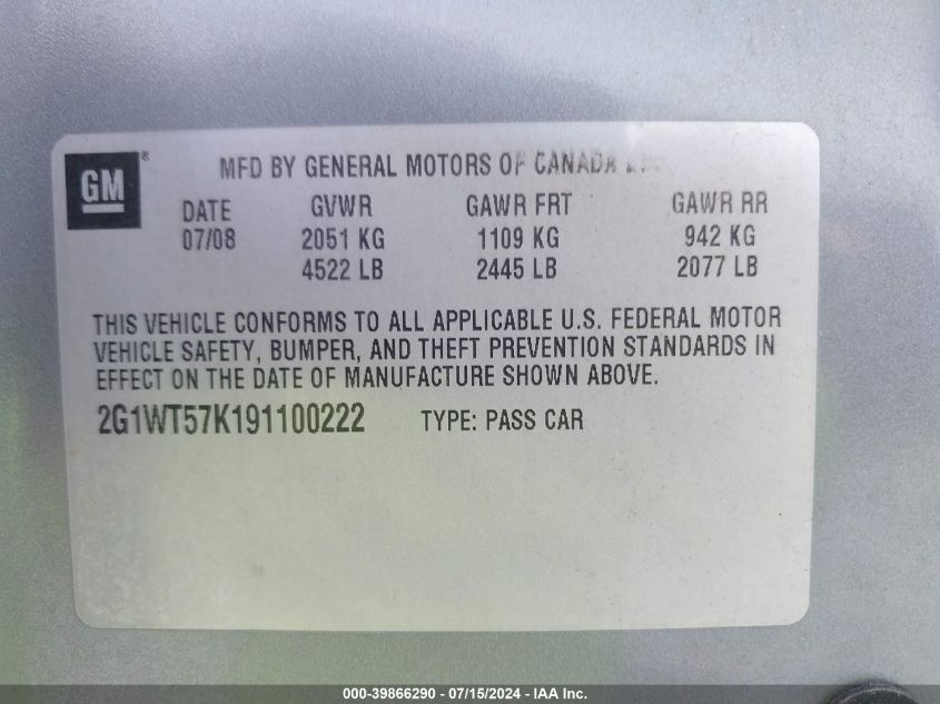 2009 Chevrolet Impala Lt VIN: 2G1WT57K191100222 Lot: 39866290