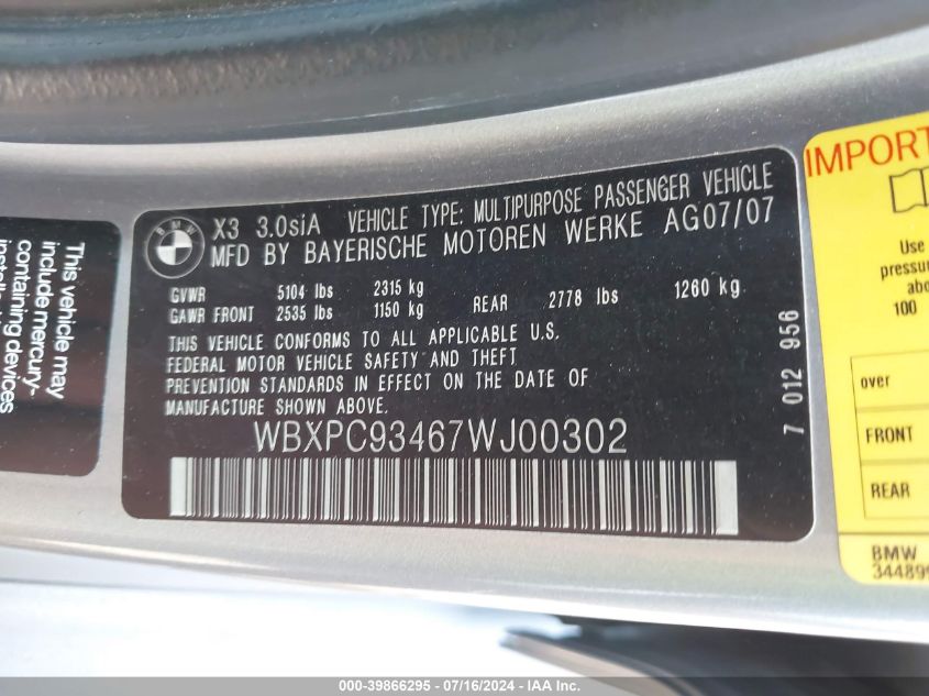 2007 BMW X3 3.0Si VIN: WBXPC93467WJ00302 Lot: 39866295