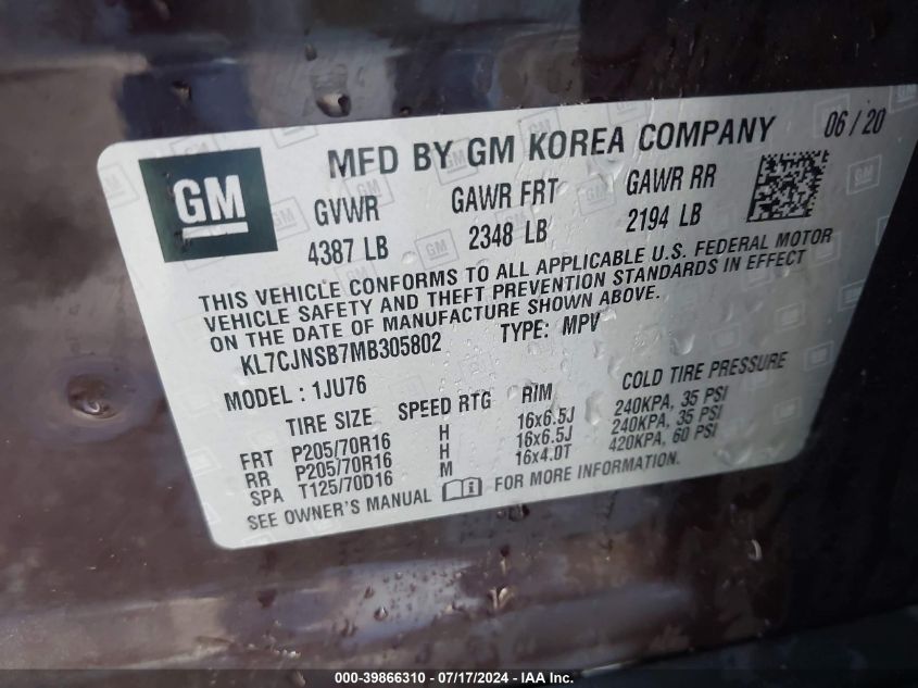 2021 Chevrolet Trax Awd Ls VIN: KL7CJNSB7MB305802 Lot: 39866310