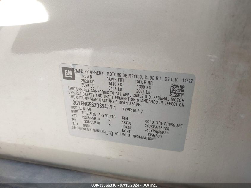 2013 Cadillac Srx Luxury Collection VIN: 3GYFNGE33DS547781 Lot: 39866336