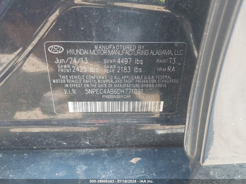 2013 Hyundai Sonata Se/Limited VIN: 5NPEC4AB6DH771091 Lot: 39866343
