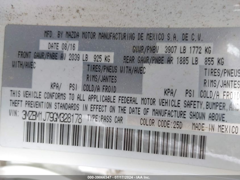 2016 Mazda Mazda3 I Sport VIN: 3MZBM1J79GM328178 Lot: 39866347