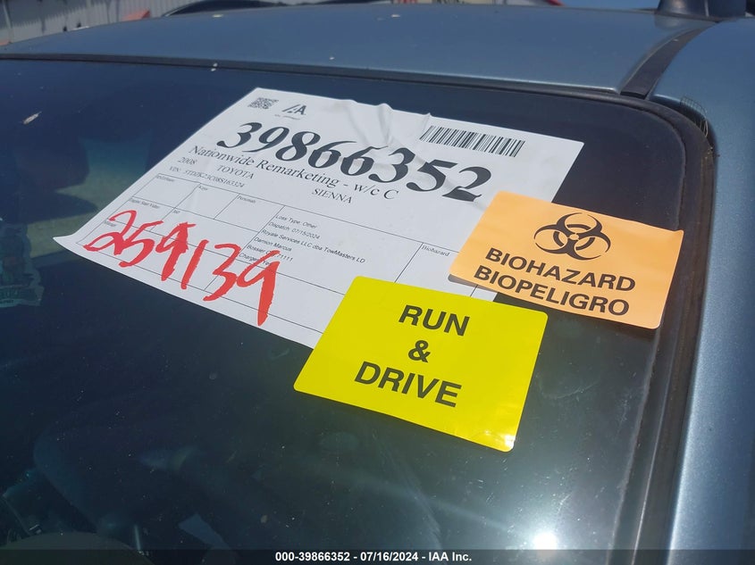 2008 Toyota Sienna Le VIN: 5TDZK23C08S163324 Lot: 39866352