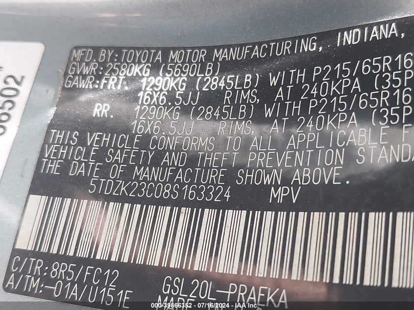 2008 Toyota Sienna Le VIN: 5TDZK23C08S163324 Lot: 39866352