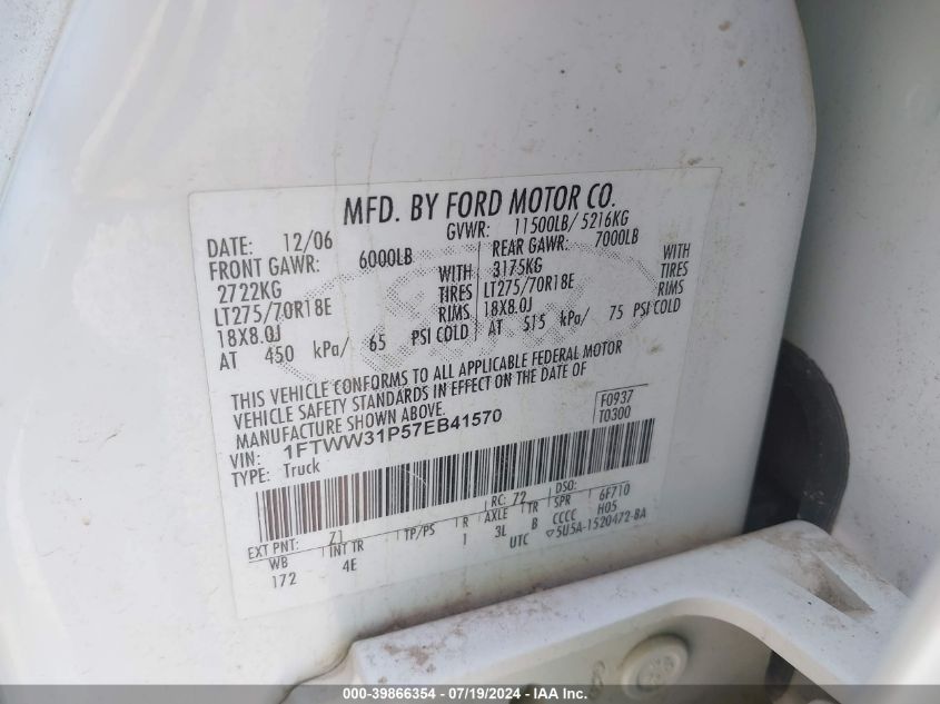 2007 Ford F-350 Lariat/Xl/Xlt VIN: 1FTWW31P57EB41570 Lot: 39866354