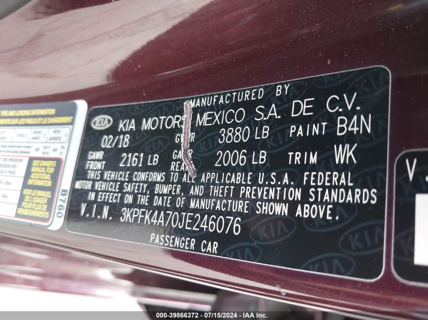 2018 Kia Forte Lx VIN: 3KPFK4A70JE246076 Lot: 39866372
