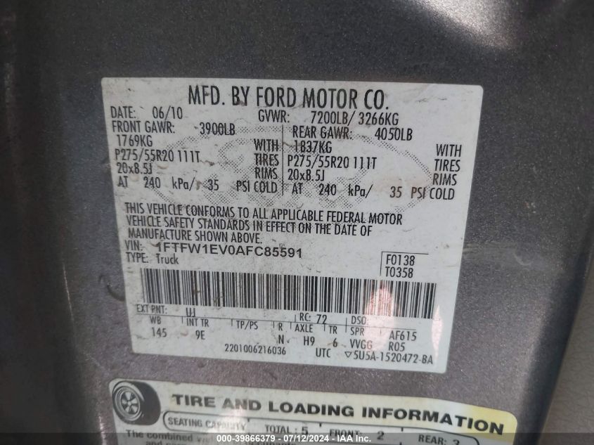 2010 Ford F-150 Fx4/Harley-Davidson/King Ranch/Lariat/Platinum/Xl/Xlt VIN: 1FTFW1EV0AFC85591 Lot: 39866379