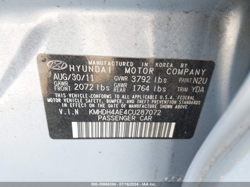 2012 Hyundai Elantra Gls (Ulsan Plant) VIN: KMHDH4AE4CU287072 Lot: 39866394