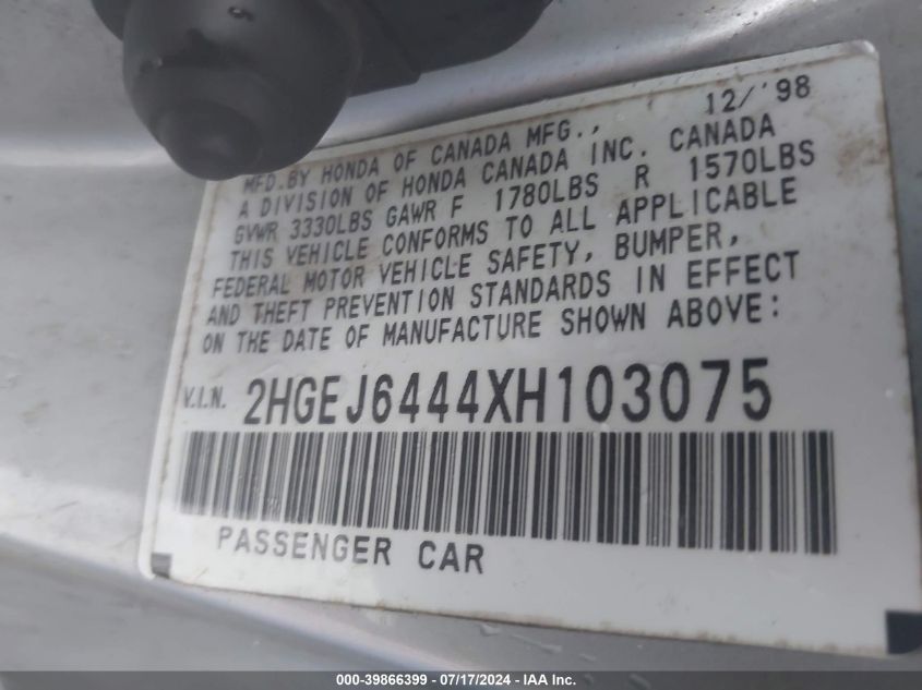 1999 Honda Civic Dx VIN: 2HGEJ6444XH103075 Lot: 39866399