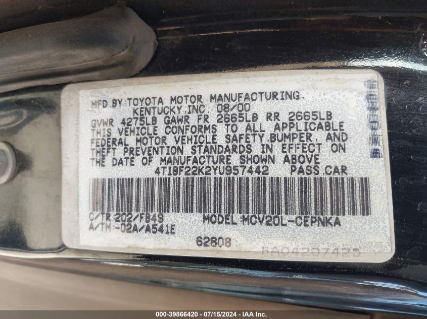 2000 Toyota Camry Le V6 VIN: 4T1BF22K2YU957442 Lot: 39866420