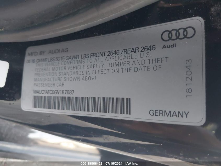 2016 AUDI A6 2.0T PREMIUM - WAUCFAFC0GN187687