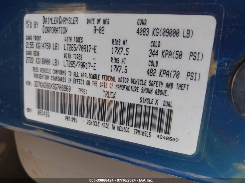 2003 Dodge Ram 2500 Slt/Laramie/St VIN: 3D7KA286X3G706960 Lot: 39866424