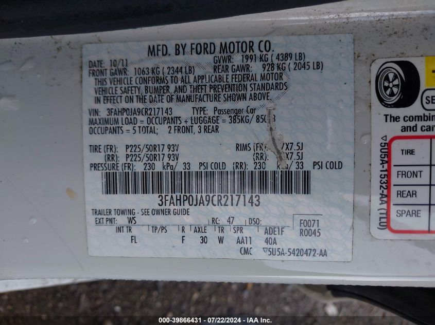 2012 Ford Fusion Sel VIN: 3FAHP0JA9CR217143 Lot: 39866431