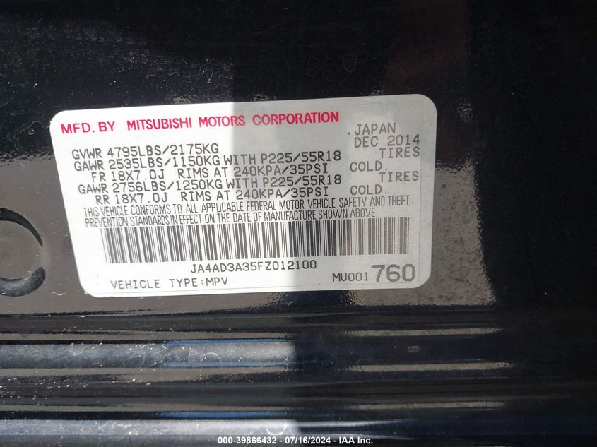 2015 Mitsubishi Outlander Se VIN: JA4AD3A35FZ012100 Lot: 39866432