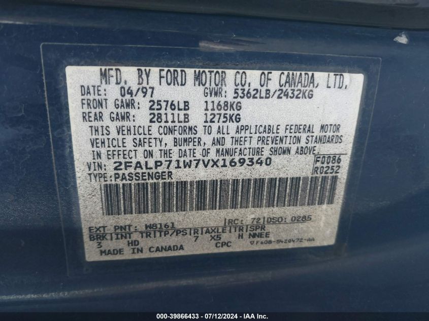 1997 Ford Crown Victoria Police Interceptor VIN: 2FALP71W7VX169340 Lot: 39866433