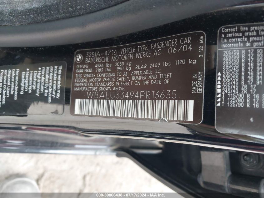 2004 BMW 325Xi Xi VIN: WBAEU33494PR13635 Lot: 39866438