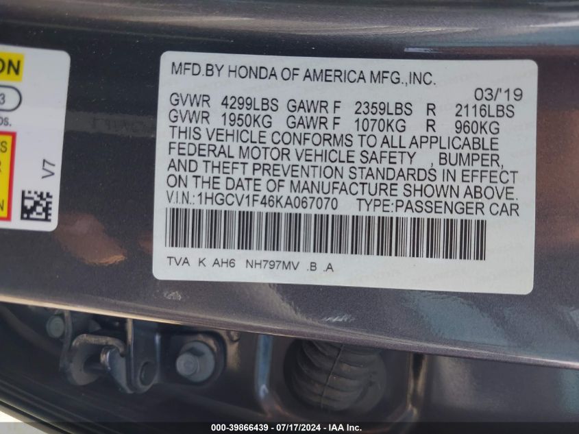 1HGCV1F46KA067070 2019 Honda Accord Ex