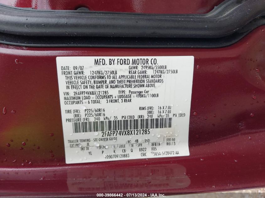 2008 Ford Crown Victoria Lx VIN: 2FAFP74VX8X121285 Lot: 39866442