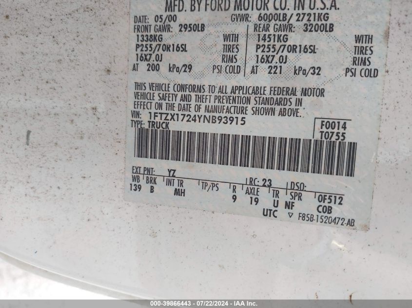 2000 Ford F-150 Work Series/Xl/Xlt VIN: 1FTZX1724YNB93915 Lot: 39866443
