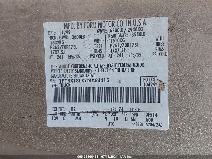 2000 Ford F-150 Lariat/Work Series/Xl/Xlt VIN: 1FTRX18LXYNA84415 Lot: 39866453