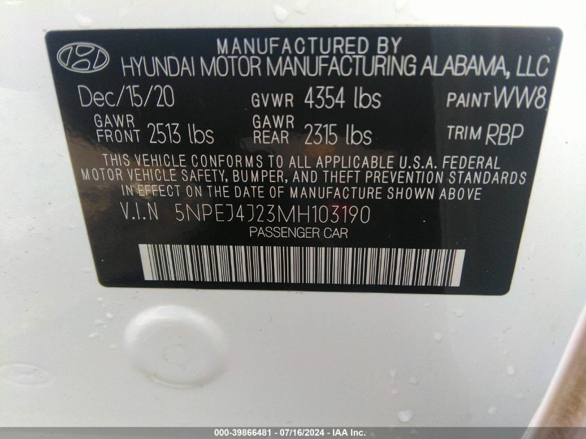 2021 Hyundai Sonata Sel Plus VIN: 5NPEJ4J23MH103190 Lot: 39866481